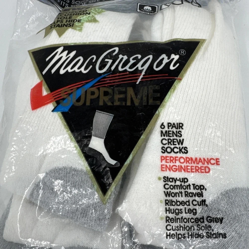 VTG NOS McGregor White Crew Socks 6 Pair Cotton Blend Striped Men 10 13 USA‎ NEW